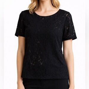 Vintage Lace Medium 6 Lace T shirt 1980’s Black stretchy Nylon